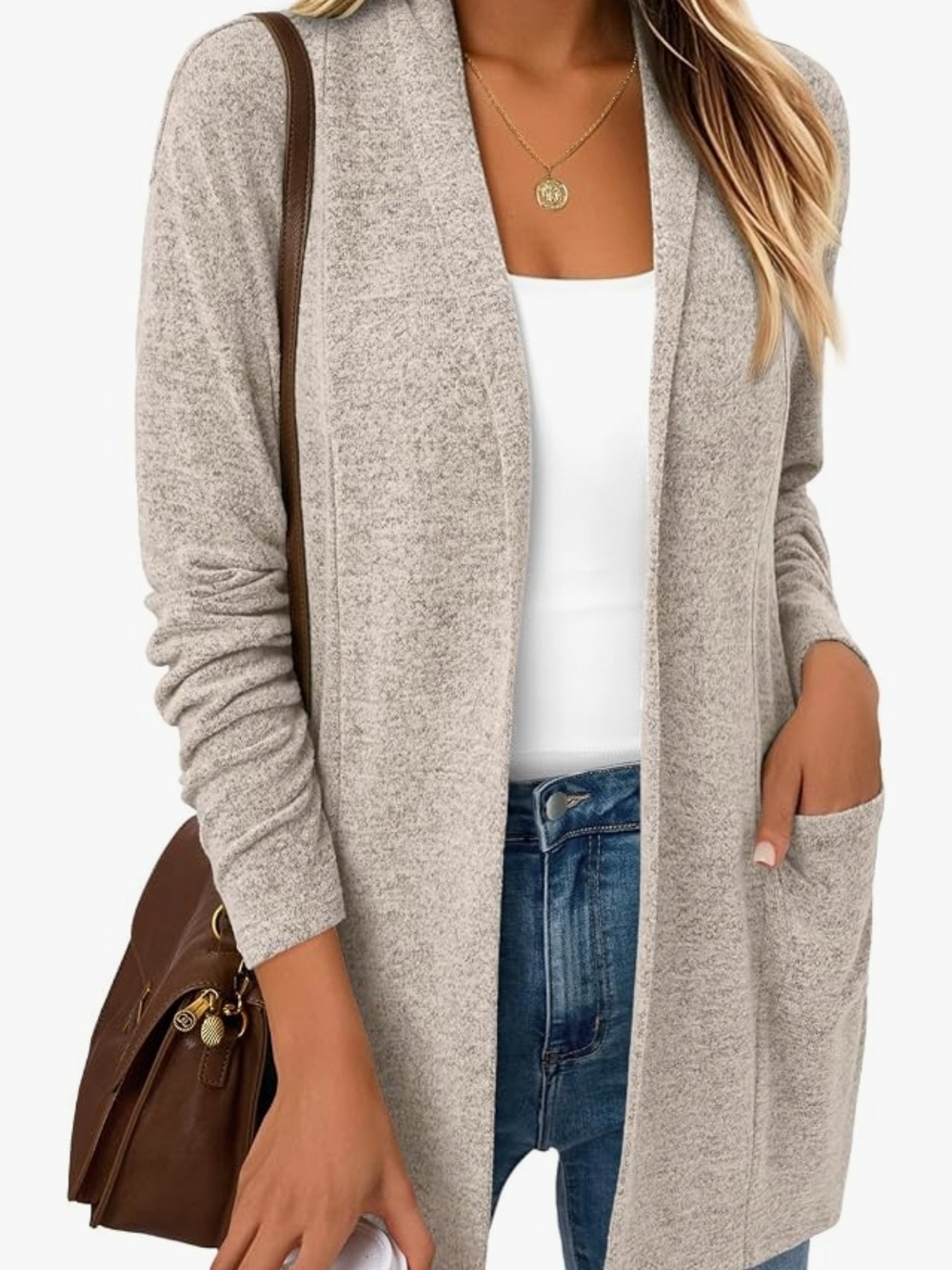 Light Taupe Open-Front Women's Cardigan Sweater